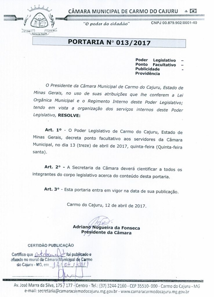 CÂMARA DECRETA PONTO FACULTATIVO NESTA QUINTA-FEIRA